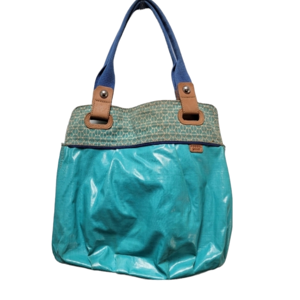 FOSSIL | TURQUOISE BLUE COATED CANVAS TOTE BAG